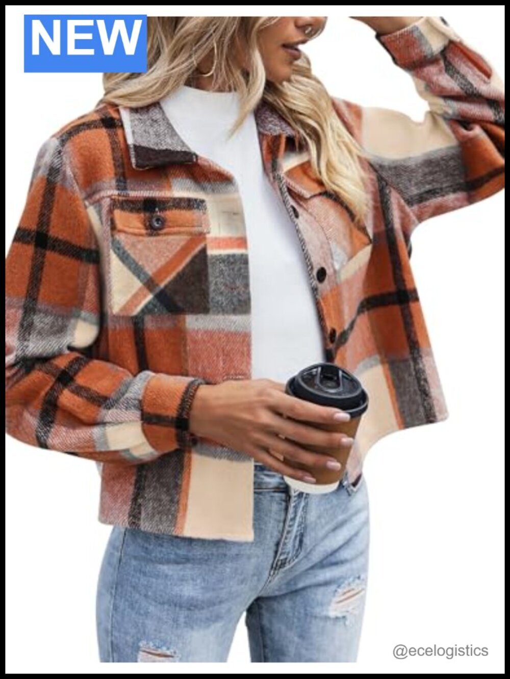 Cropped Plaid Flannel Shacket Button Down Jacket